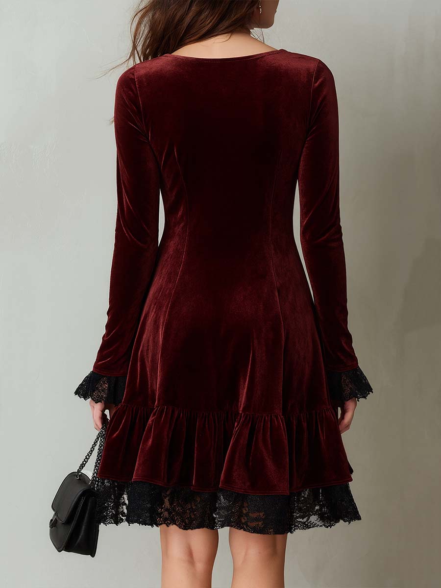 Retro Contrast Lace Trim Flare Hem Polyester Velvet Midi Dress