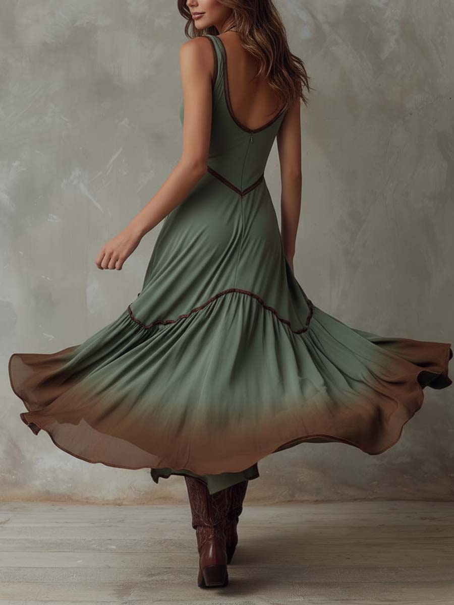 Boho Dip-Dyed Ruffled Hem Midi Dress