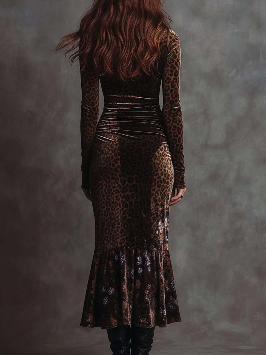 Retro Gothic Leopard Print And Floral Patchwork Velvet Midi Dress