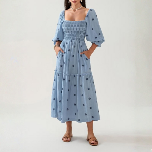 MOIRA™ - Comfy Floral Lantern Sleeve Square Neck Maxi Dress