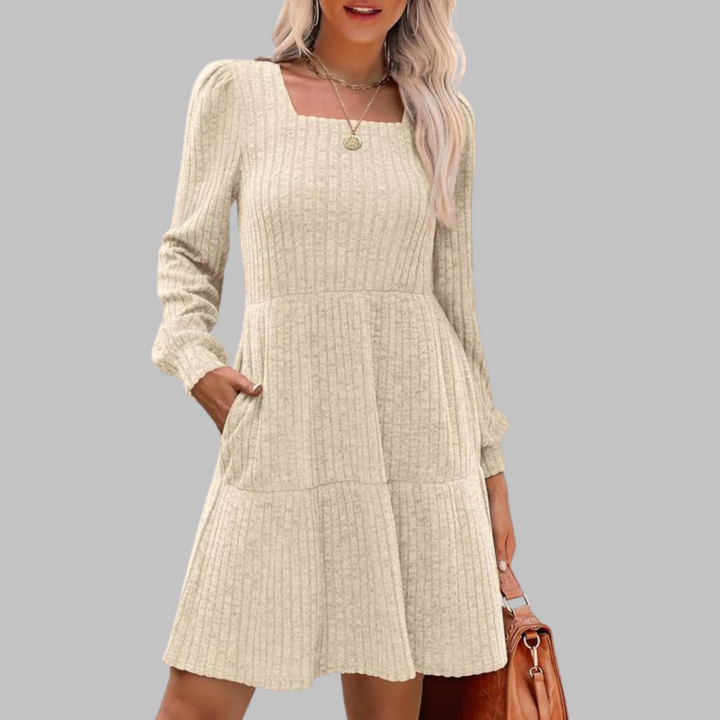 ULAN™ - Casual Square Neck Long Sleeve Midi Dress