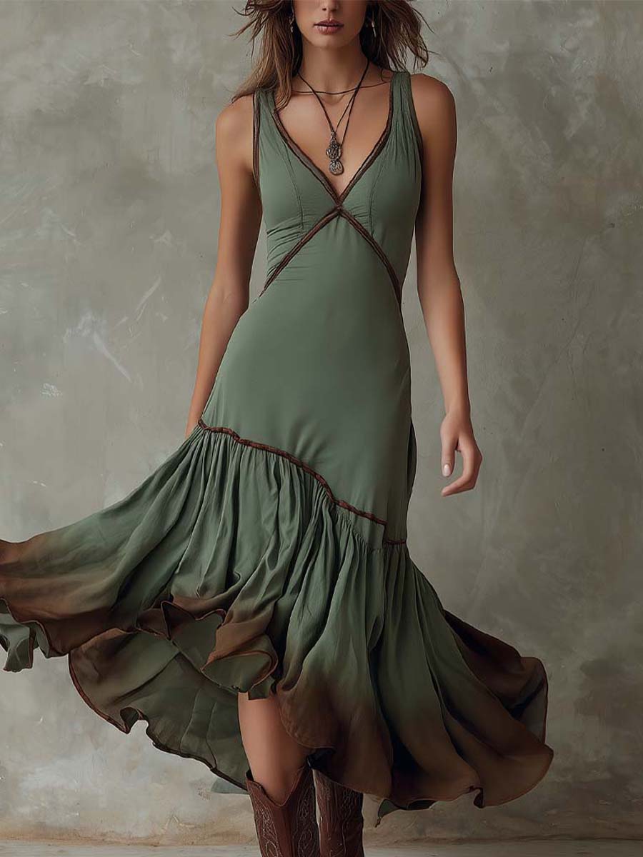 Boho Dip-Dyed Ruffled Hem Midi Dress