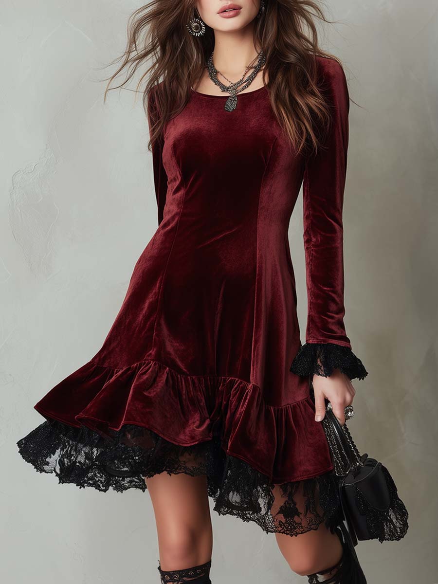 Retro Contrast Lace Trim Flare Hem Polyester Velvet Midi Dress