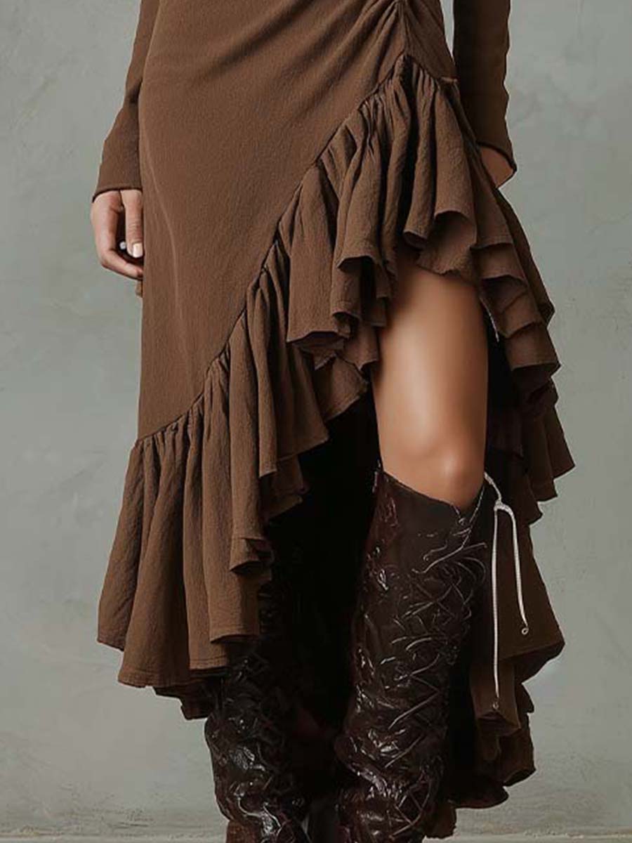 Ruffled High-Low Zip Midi Dress