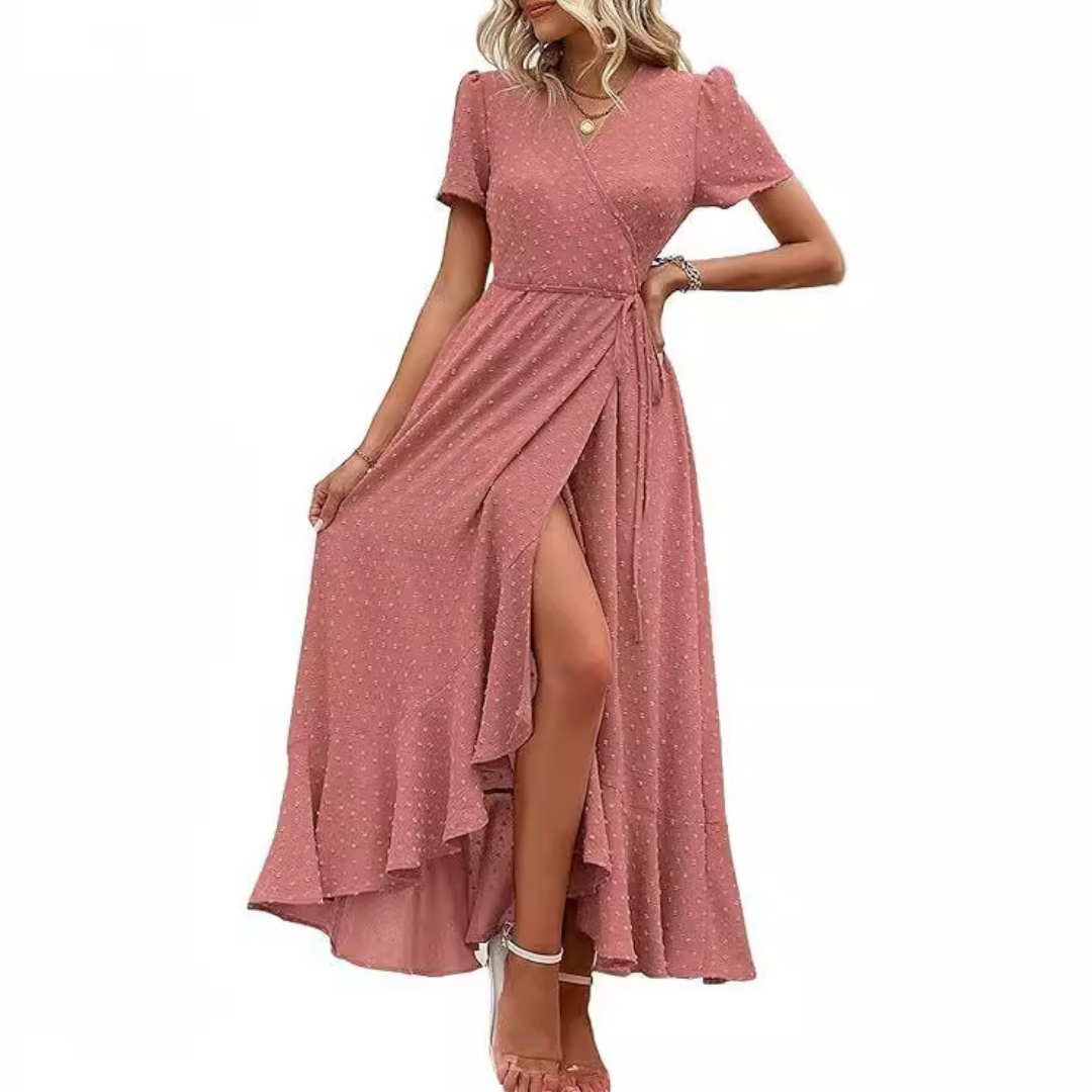PILAR™ – Classy Flowy Wrap V-Neck Short Sleeve Maxi Dress