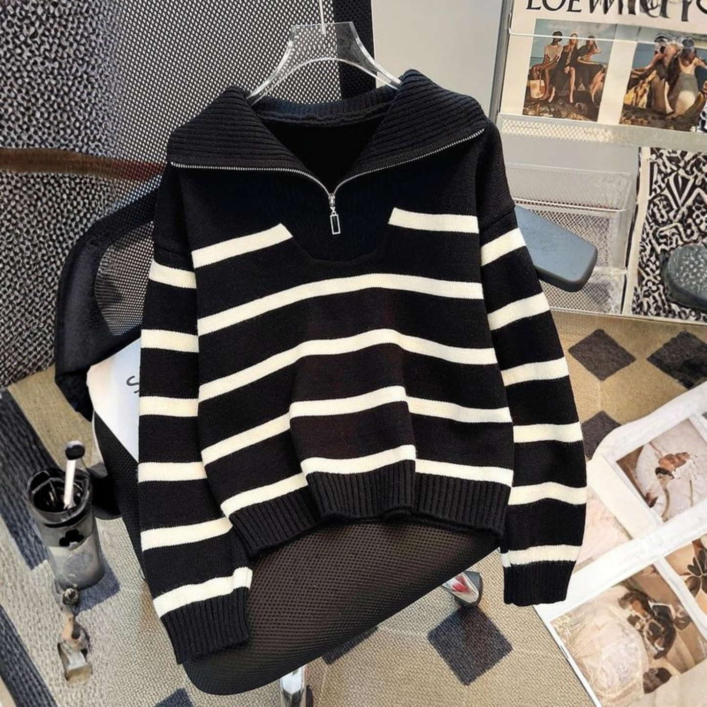 NEVAEH™ - Chic Striped Long Sleeve Collared Top