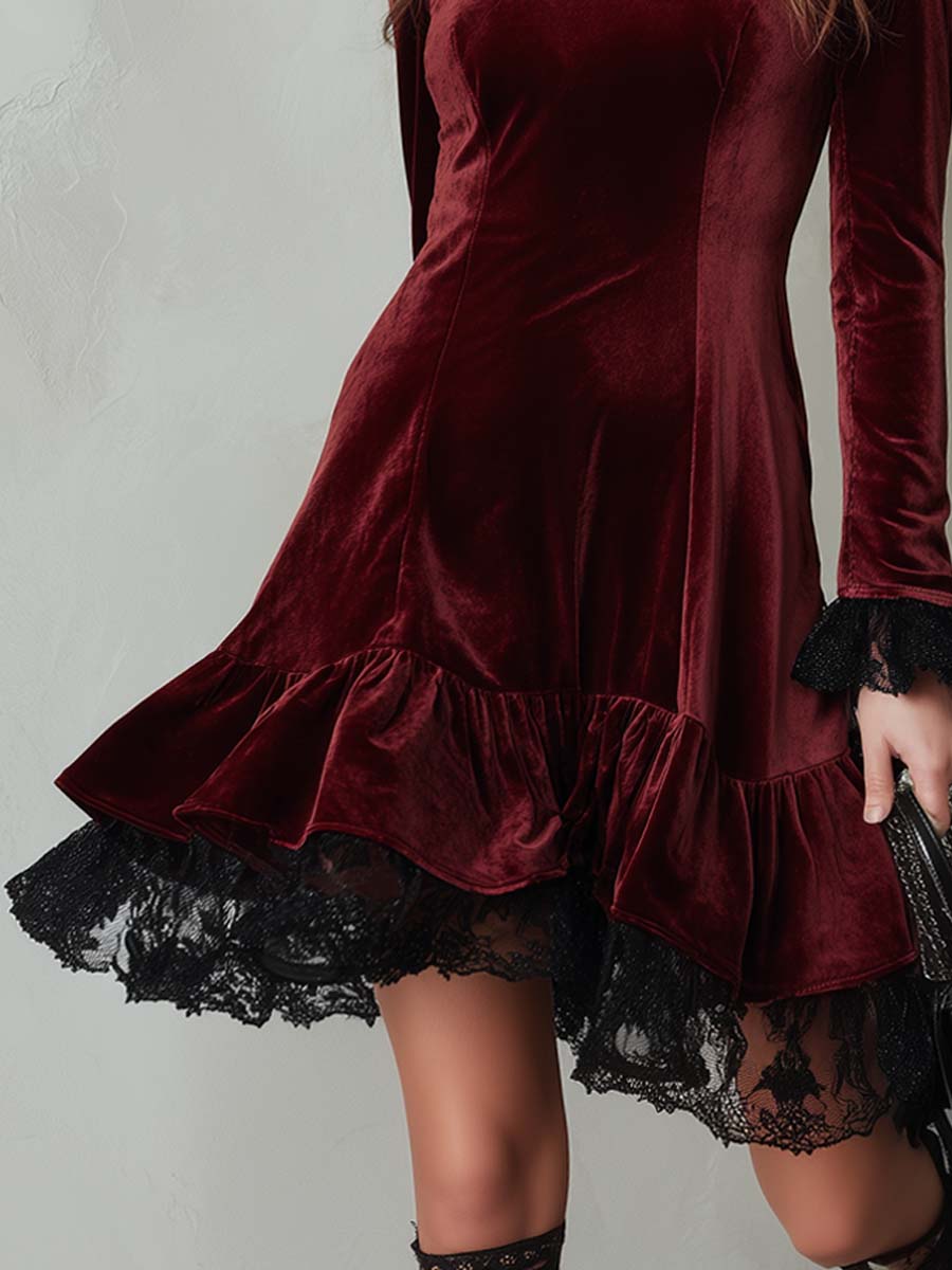 Retro Contrast Lace Trim Flare Hem Polyester Velvet Midi Dress