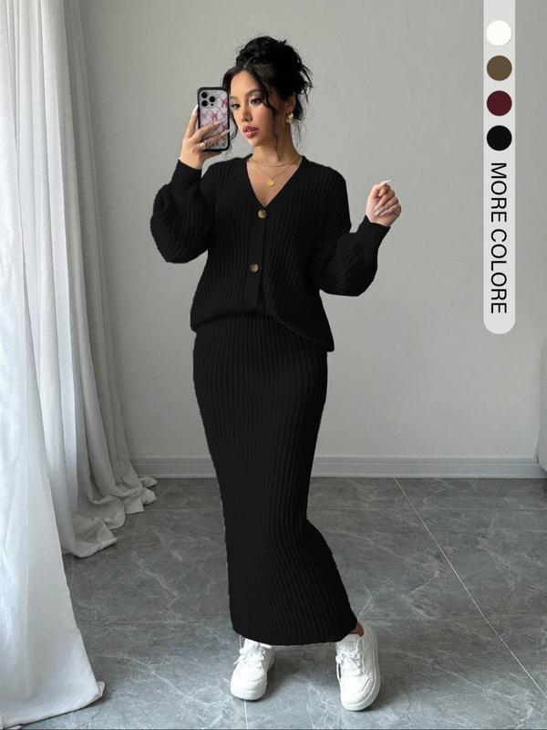 LEA™ - Solid Button Front Sweater & Long Skirt Knit Set