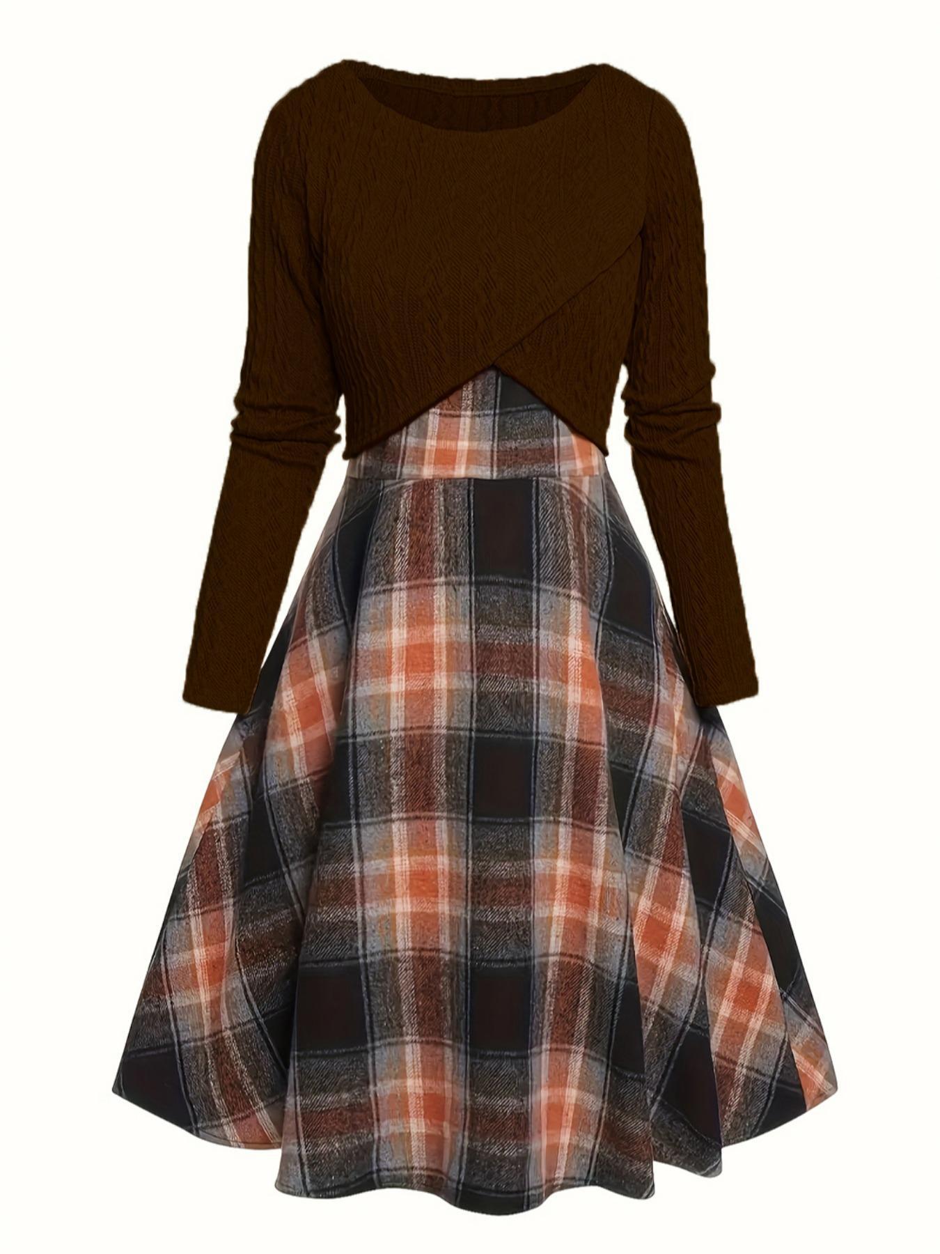 JORY™ - Vintage Round Neck Long Sleeve Crop Top and Plaid Dress