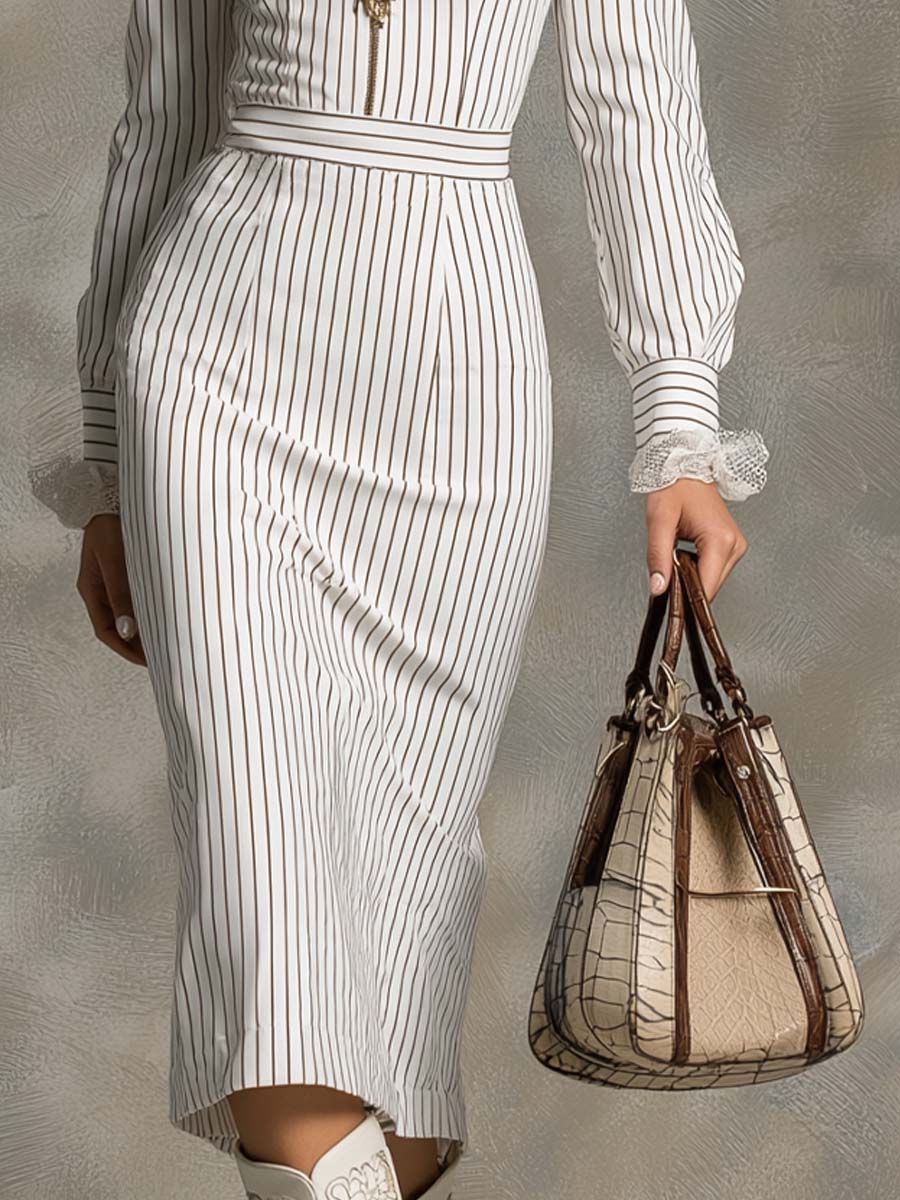 Retro Zip-up Collar Lace Cuffs Striped Midi Dress