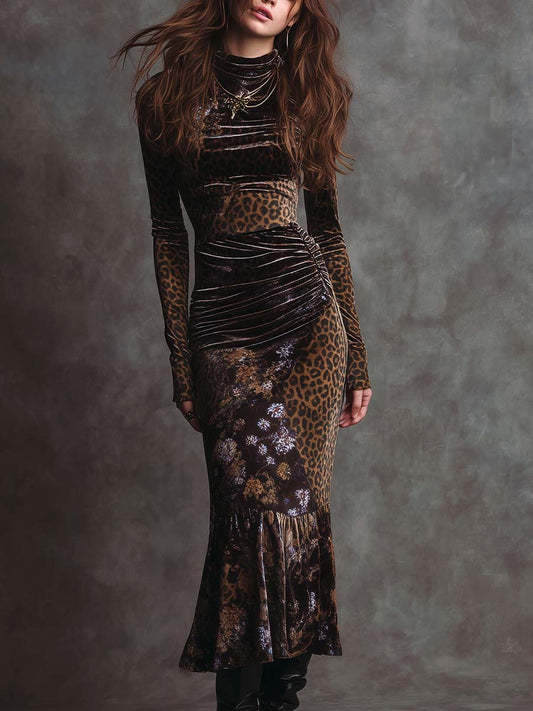 Retro Gothic Leopard Print And Floral Patchwork Velvet Midi Dress
