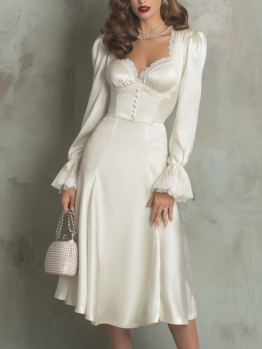 Vintage Lace Trim Polyester Satin Midi Dress