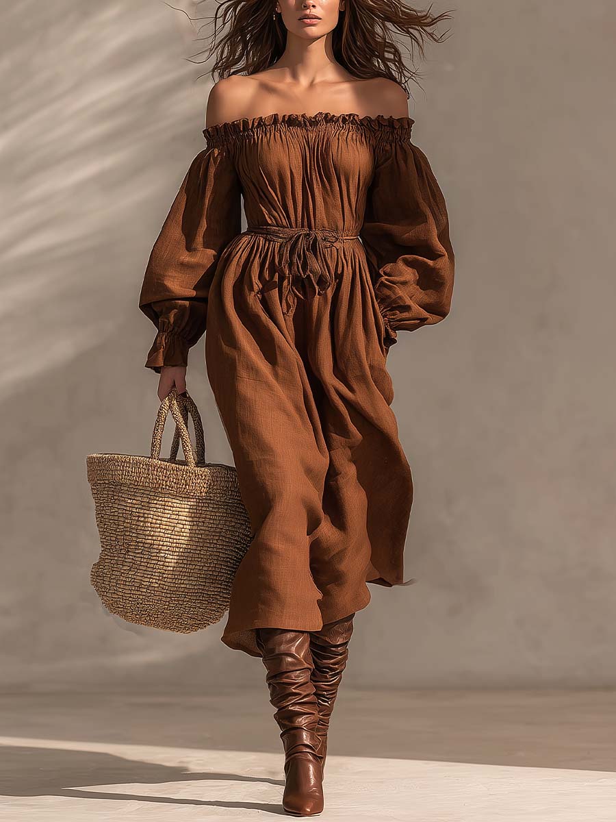 Burnt Caramel Off-Shoulder Boho Maxi Dress